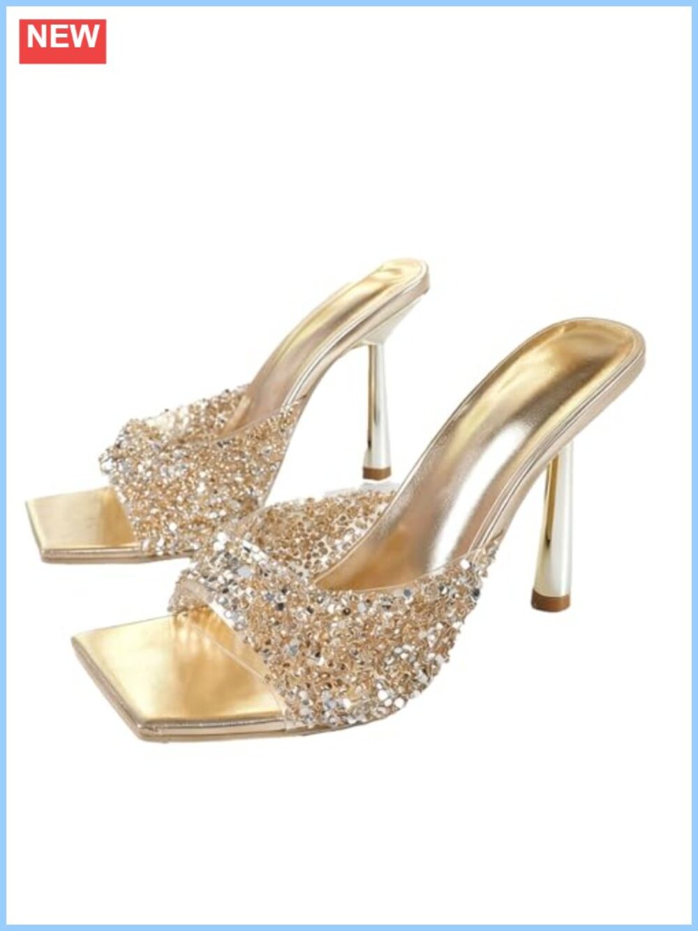 Women's Wide Strap Rhinestone Stiletto Mules Square Open Toe Slip On High Heel